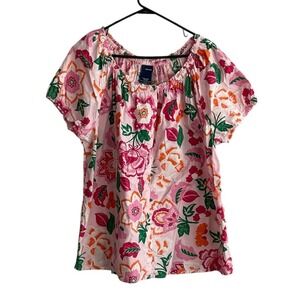 Basic Editions Pink Floral Top Sz 2x Button Front Puff Short Sleeve Spring